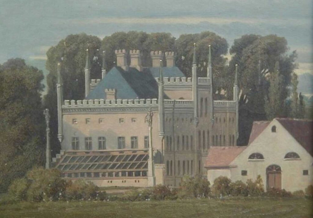 Abb. 4: Schloss Broock nach dem Stüler-Umbau, Gemälde (Ausschnitt), Theodor Schloepke, 1851